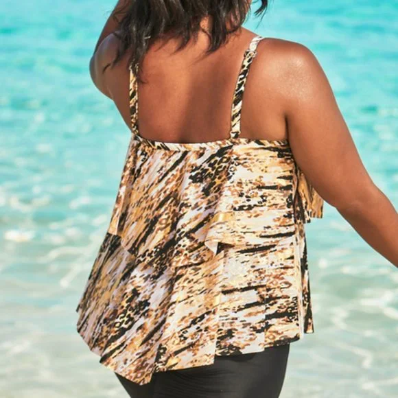 Nwt Double Tier Tankini Top Swimsuits For All gold Foil Print - Picture 2 of 5